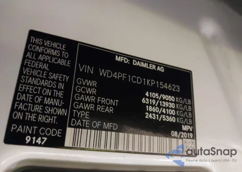 2019 Mercedes-Benz Sprinter 2500 High Roof V6 z USA, uszkodzony, nr VIN WD4PF1CD1KP154623